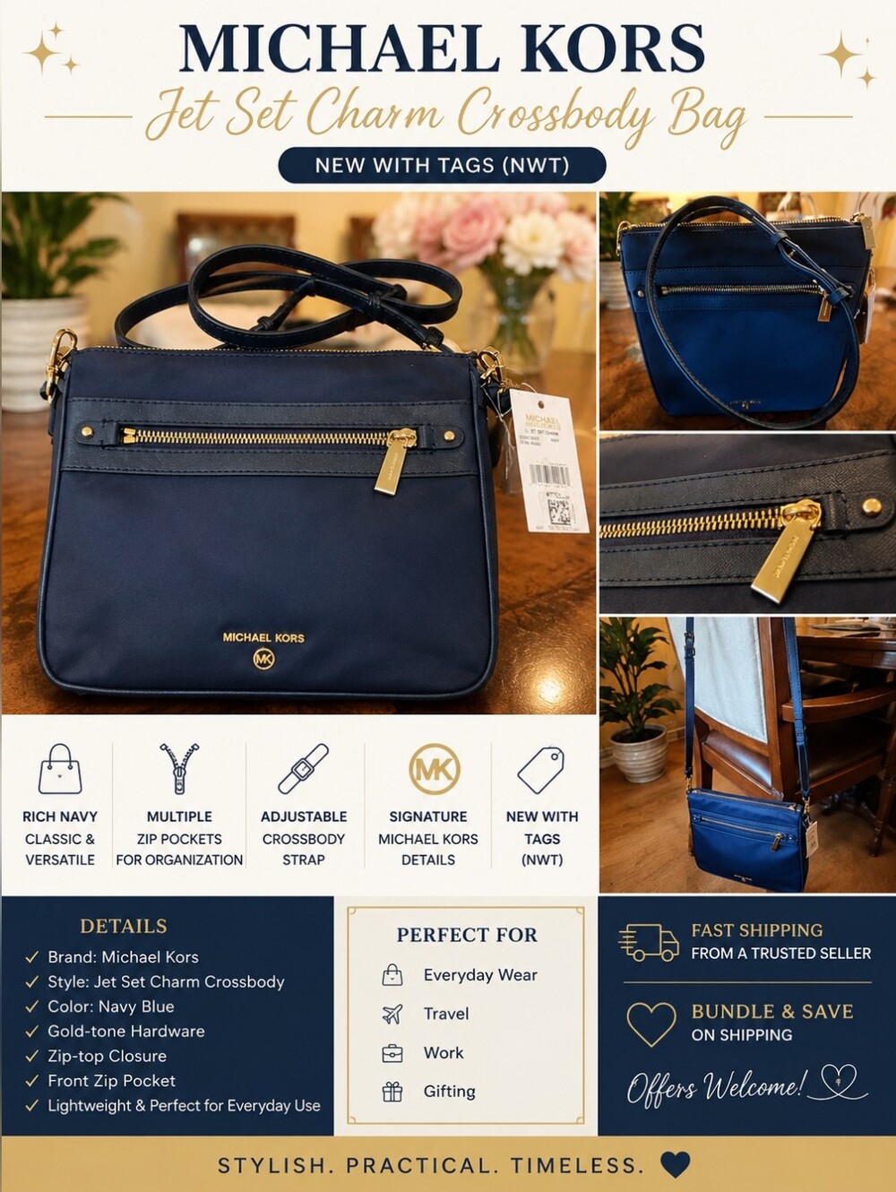 💙Michael Kors Jet Set Charm Crossbody Bag | Navy | NWT